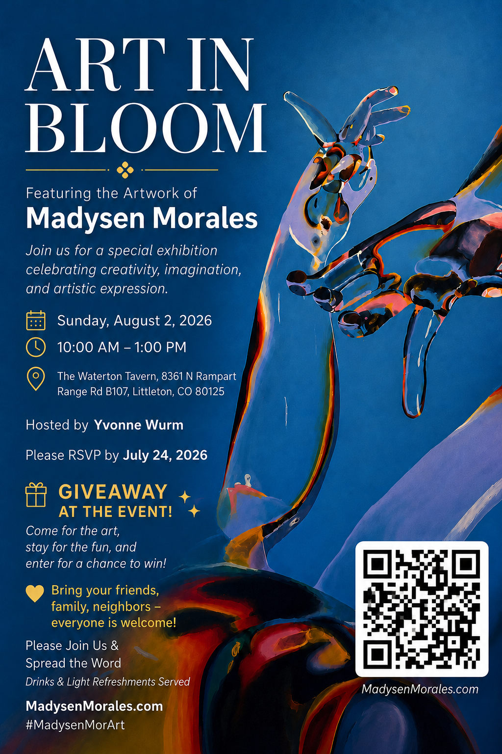 Art in Bloom invitation — featuring the artwork of Madysen Morales, Sunday August 2, 2026, 10:00 AM to 1:00 PM at The Waterton Tavern, 8361 N Rampart Range Rd B107, Littleton, CO 80125. Hosted by Yvonne Wurm. Please RSVP by July 24, 2026.